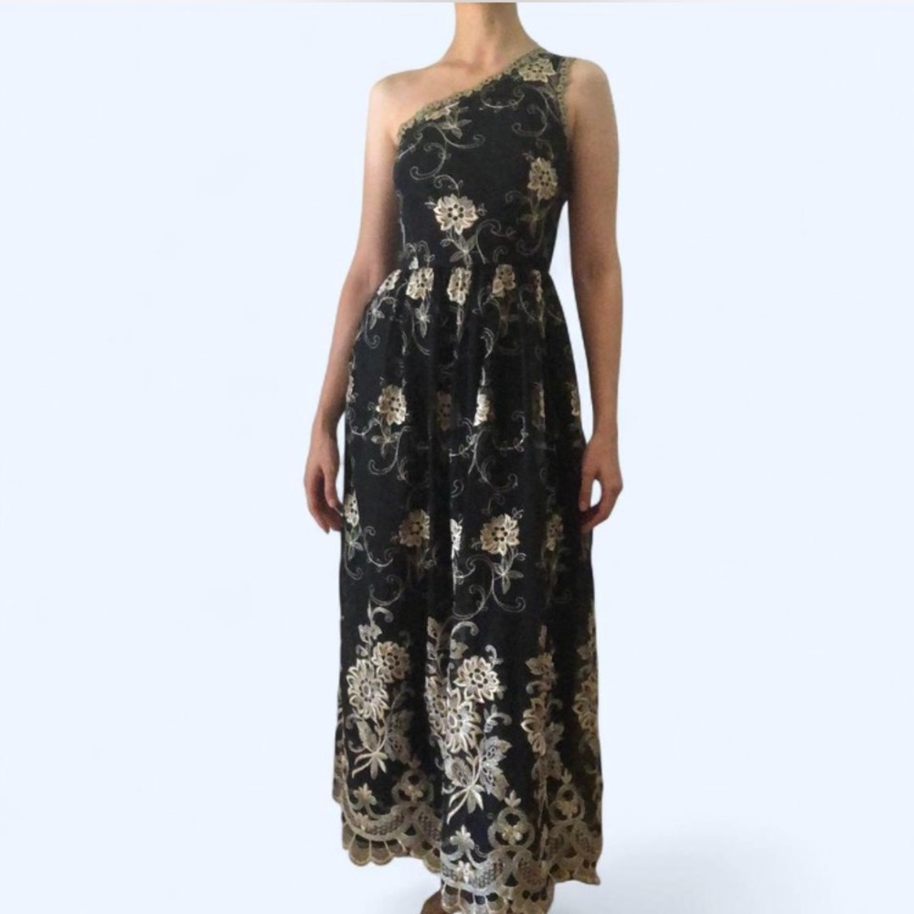 1970s Empire Waist Embroidered Black and Gold One-Shoulder Dress